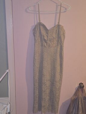 NWT Aiblee Corset Lace Lined Midi Dress Size M  Beige Slit Back